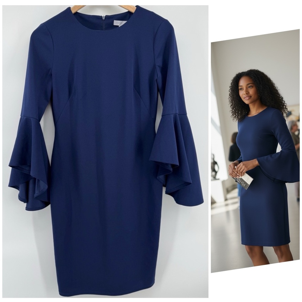 London Times Navy Ruffle Bell-Sleeve Sheath Dress Timeless Women's Size 4